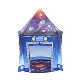 Blue space-themed pop-up play tent with open front window and rocket design