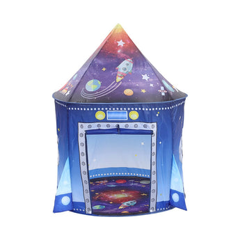 Blue space-themed pop-up play tent with open front window and rocket design