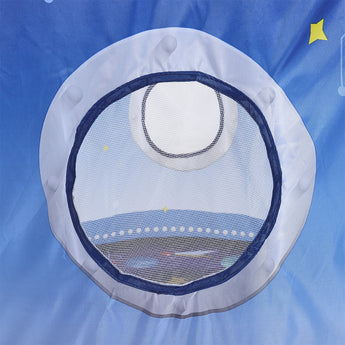 Mesh play tent window with dark trim on the space-themed front panel