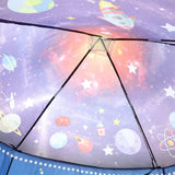 Inside roof of the space-themed play tent with stars, planets, and rocket graphics