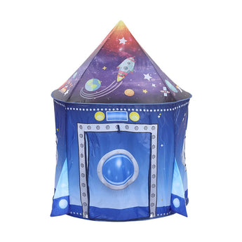 Blue pop-up play tent with space mural and round window on the front panel