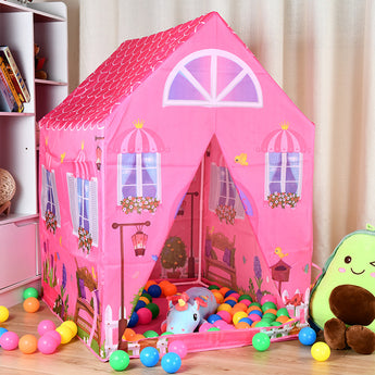 Pink princess play tent with castle graphics, arched window panels and open doorway