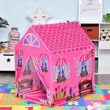 Pink castle play tent with scalloped roof, shutter windows and decorated side panels
