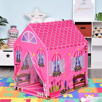 Pink castle play tent with scalloped roof, shutter windows and decorated side panels