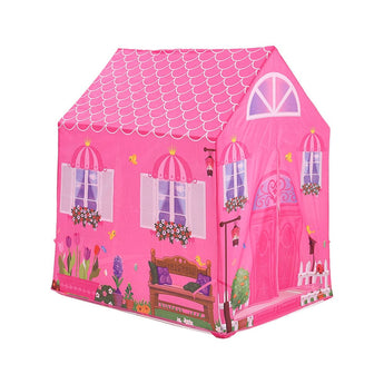 Pink princess castle play tent with open entrance, shutters and front balcony details