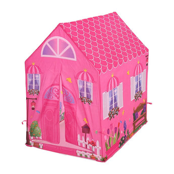 Pink portable castle playhouse tent with scalloped roof and arched window