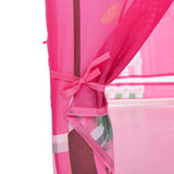 Pink tent door curtain tied with ribbon bow on princess castle playhouse