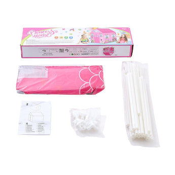 Pink princess play tent kit with instruction sheet, poles, and folded fabric panels