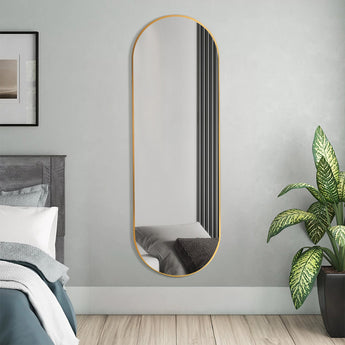 Gold oval full-length wall mirror with slim metal frame