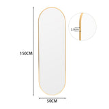 Gold oval wall mirror 50cm W x 150cm H, slim 2.8cm metal frame