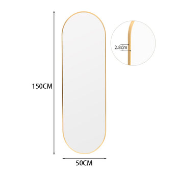 Gold oval wall mirror 50cm W x 150cm H, slim 2.8cm metal frame