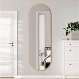 Gold oval full-length wall mirror with slim metal border