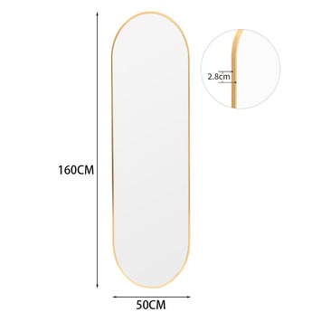 Gold oval wall mirror 50cm W x 160cm H, slim 2.8cm metal frame