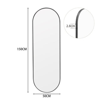 Black oval wall mirror 50cm W x 150cm H, slim 2.8cm metal frame