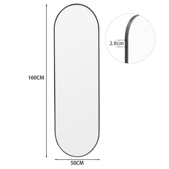 Full-length oval wall mirror, black metal frame, 50cm W x 160cm H