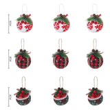 Christmas ball ornament set: 6 hanging balls with red snowflake, red plaid, and green pine accents