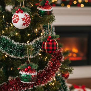 Christmas ball ornaments in white/red snowflake, red plaid, and green glitter styles, hanging loops