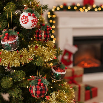 Christmas ball ornaments with red plaid, green accents, and white snowflake tops, hanging loops