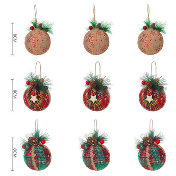 Christmas ball ornament set: 6 hanging balls in gold speckle, red plaid, and green/red patterns