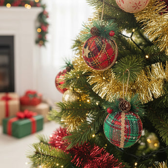 Christmas ball ornament with red plaid and green-striped design, plus hanging loop