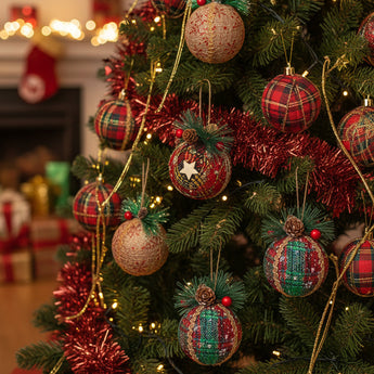 Christmas ball ornaments with red plaid, glittery gold, and patterned green/red designs, hanging loops