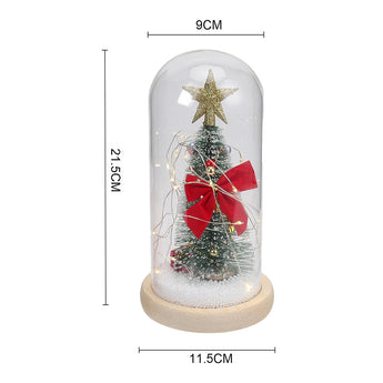 LED glass dome tree decoration size diagram; star topper, tree, red bow ribbon