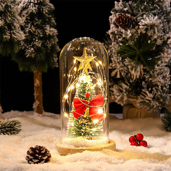 LED glass dome tree decoration with star topper, lights, and red bow