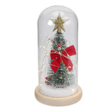 LED glass dome Christmas tree tabletop decoration with gold star, red bow, lit interior