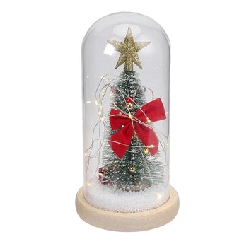 LED glass dome Christmas tree tabletop decoration with gold star, red bow, lit interior