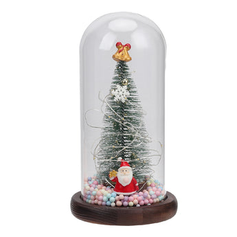 LED glass dome Christmas tree tabletop decoration with snowman, gold topper, pastel base lights