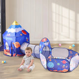 3-in-1 space play tent with tunnel and ball pit, blue/space print, includes balls