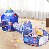 Space-themed play tent with connected tunnel and ball pit, blue fabric, open mesh ends