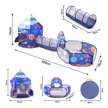 Size diagram of 3-in-1 space play tent with tunnel and ball pit, blue with dimensions