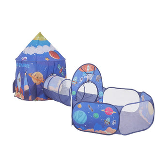 Space play tent with tunnel and ball pit with blue side walls and front entry