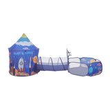 Space play tent and tunnel set, blue canopy with star/rocket graphics, open play tunnel