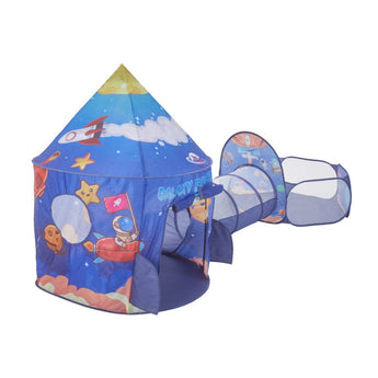 Space play tent with tunnel entrance and side window panels, blue and light gray interior