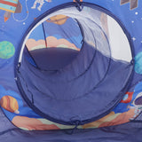 Front mesh window and circular entrance on blue space play tunnel, fabric lining visible