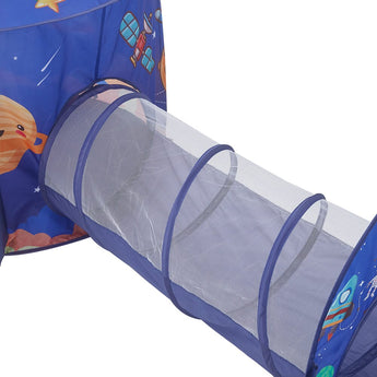 Close-up of blue mesh tunnel tube with visible netting, space print side panel