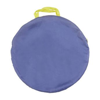 Folded blue carry bag for 3-in-1 space play tent set with neon green handle