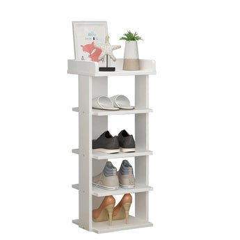 White 5-tier wooden shoe rack with shoes on lower shelves and open top ledge
