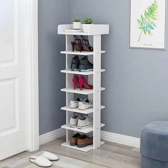 White 5-tier wooden shoe rack with top shelf and four open tiers for shoe storage