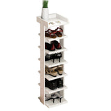 White 7-tier wooden shoe rack with multiple open shelves for storing shoes