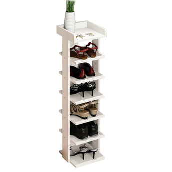 White 7-tier wooden shoe rack with multiple open shelves for storing shoes