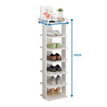White 7-tier shoe rack dimensions: 25cm depth, 27cm width, 104cm height