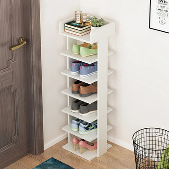 White 5-tier wooden shoe rack with open shelves holding multiple pairs of shoes