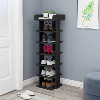 Black 5-tier shoe storage rack with white top shelf and four open interior shelves