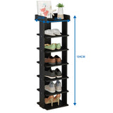 Black 7-tier wooden shoe rack with 7 open shelves, assembly-ready