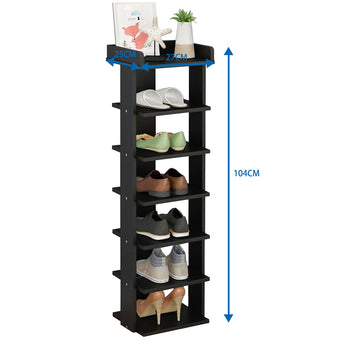 Black 7-tier wooden shoe rack with 7 open shelves, assembly-ready