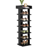 Black 7-tier wooden shoe rack with multiple open shelves for storing shoe pairs
