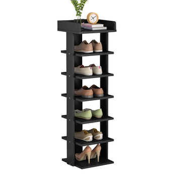 Black 7-tier wooden shoe rack with multiple open shelves for storing shoe pairs